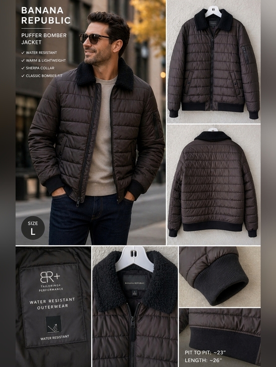 Banana Republic Other - Banana Republic Men’s Puffer Bomber Jacket L Brown Water Resistant Sherpa Collar